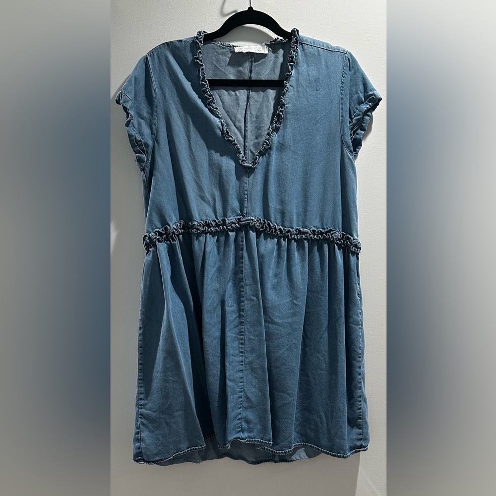 Zara Basic Z1975 Denim Blue Short Sleeve Babydoll Dress